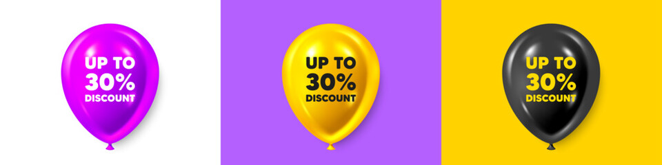 Birthday balloons 3d icons. Up to 30 percent discount. Sale offer price sign. Special offer symbol. Save 30 percentages. Discount tag text message. Party balloon banners with text. Vector