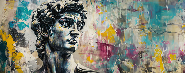 Portrait illustration of a gentle and flawless stoic marble statue. Perfect for background and quotes. With copy space.