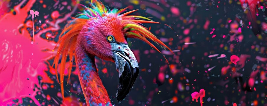 Punk flamingo with a rainbow mohawk, in a vibrant pop art style, against a background of splattered paint, Psychedelic, Digital Art