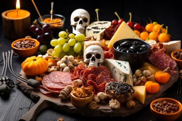 A Halloween charcuterie board with spooky cheese shapes and decorated meats