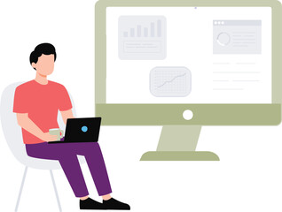 A boy is using a laptop for digital business graphs.