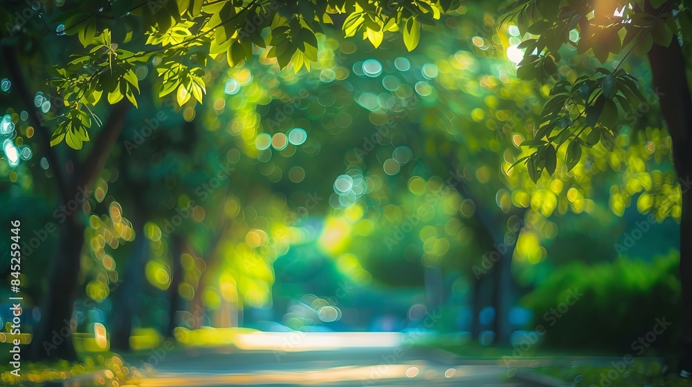 Aufkleber blurred natural light background in the park featuring soft bokeh effects for fresh and serene outdo