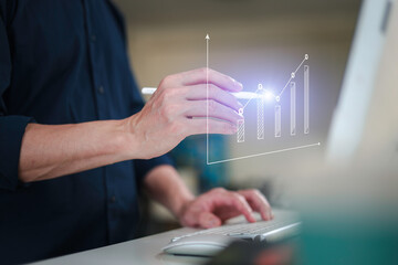 Naklejka premium Businessman touch investment growth graph chart and analysing growth achievement diagram data trading and exchange, Stock market, Investment, dynamics of financial growth of business