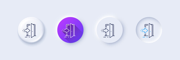 Entrance line icon. Neumorphic, Purple gradient, 3d pin buttons. Entry door sign. Building exit symbol. Line icons. Neumorphic buttons with outline signs. Vector