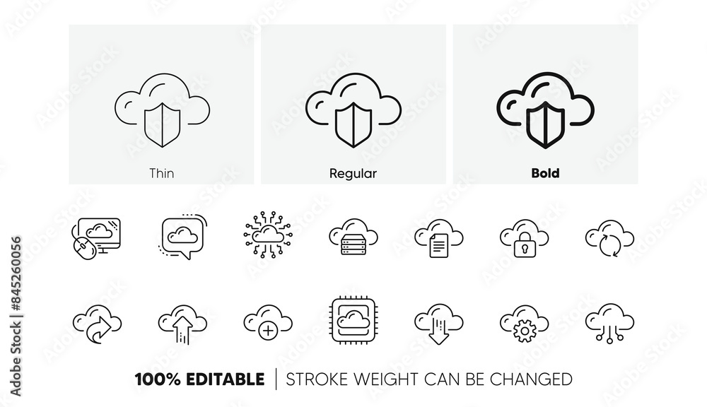 Poster hosting, computing data and file storage. cloud data and technology icons. computer sync linear icon