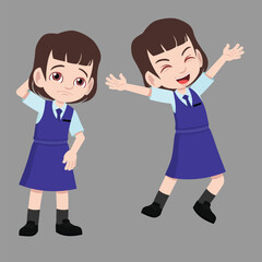 Cute young student girl in school uniform with difference reaction emotion happy and feel sorry pose.