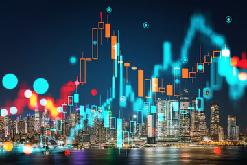 Cityscape with overlaid financial chart holograms, futuristic technology concept on urban background. Double exposure