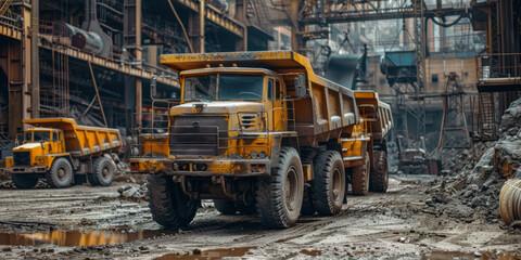 Large yellow dump trucks in a rugged industrial setting, emphasizing construction and heavy machinery usage.