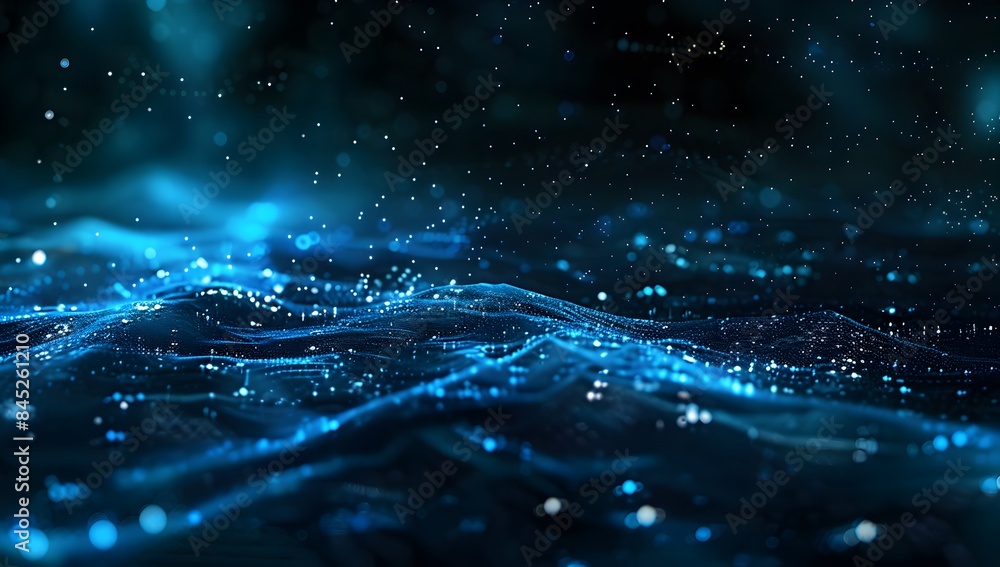 Poster abstract digital background with blue glowing network lines and bokeh lights on dark backdrop, ai te