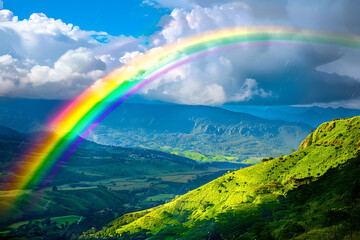 A vibrant rainbow arching across the sky, representing beauty, hope, and diversity, creating an inspiring and colorful natural spectacle