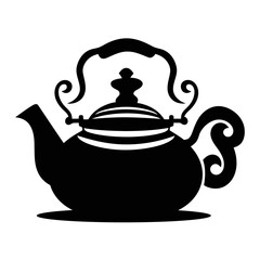A silhouette of a traditional teapot with an ornate handle and lid