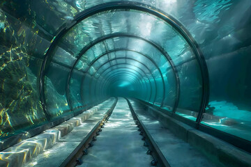 A glass tunnel under water with a new road or railway tracks, illustrating the combination of natural beauty and human engineering, symbolizing exploration and communication