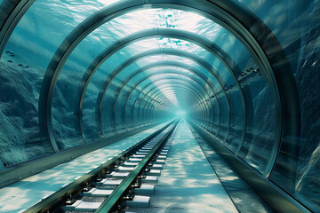 A glass tunnel under water with a new road or railway tracks, illustrating the combination of natural beauty and human engineering, symbolizing exploration and communication