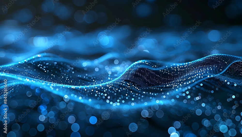Poster abstract digital background with blue glowing network lines and bokeh lights on dark backdrop, ai te