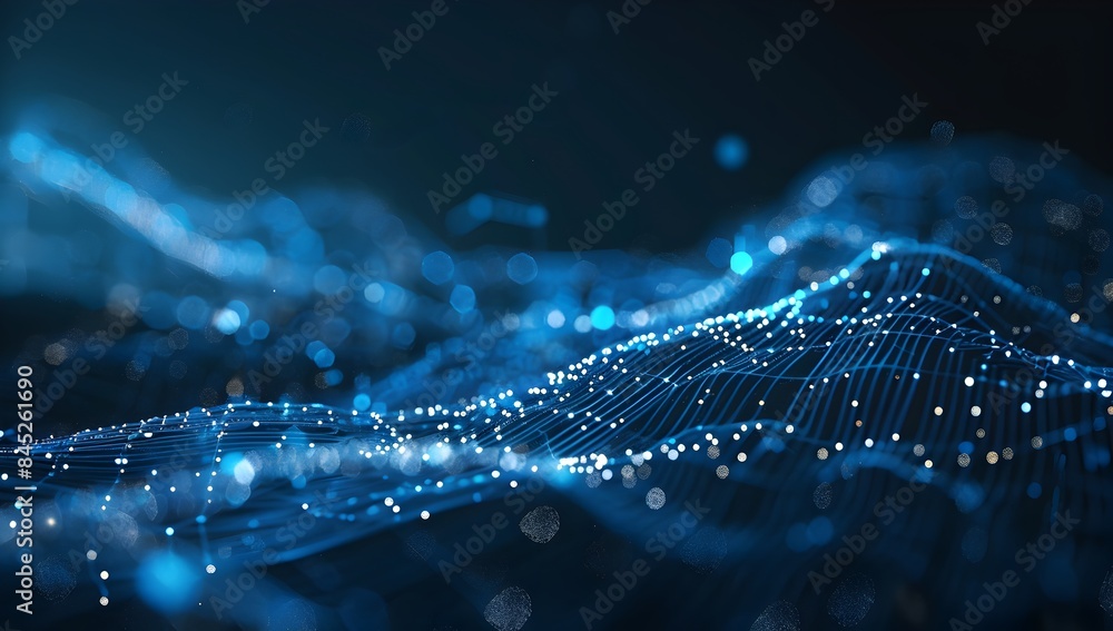 Poster abstract digital background with blue glowing network lines and bokeh lights on dark backdrop, ai te