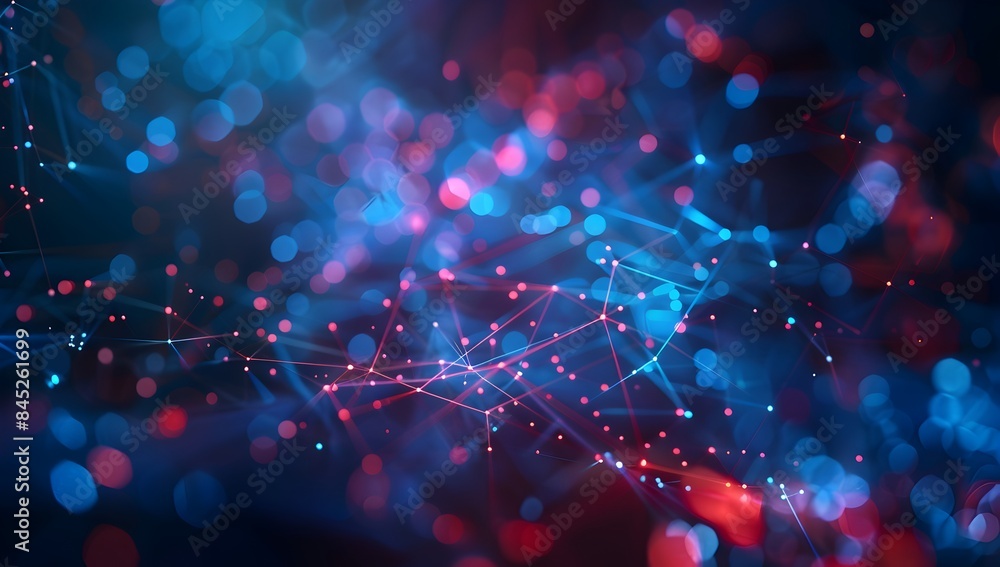 Poster abstract digital background with blue glowing network lines and bokeh lights on dark backdrop, ai te