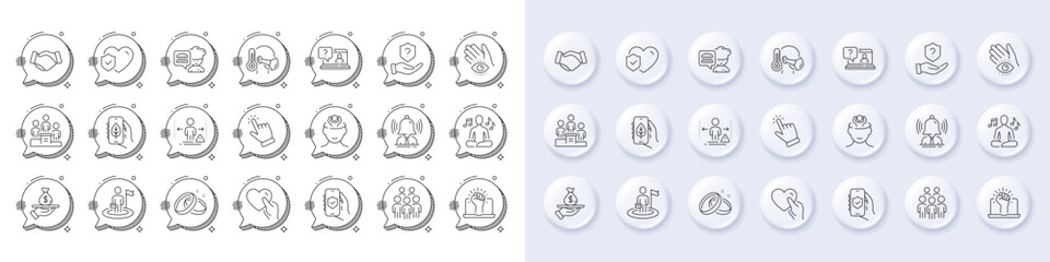 Meditation eye, Leadership and Social distance line icons. White pin 3d buttons, chat bubbles icons. Pack of Group people, Business podium, Life insurance icon. Vector