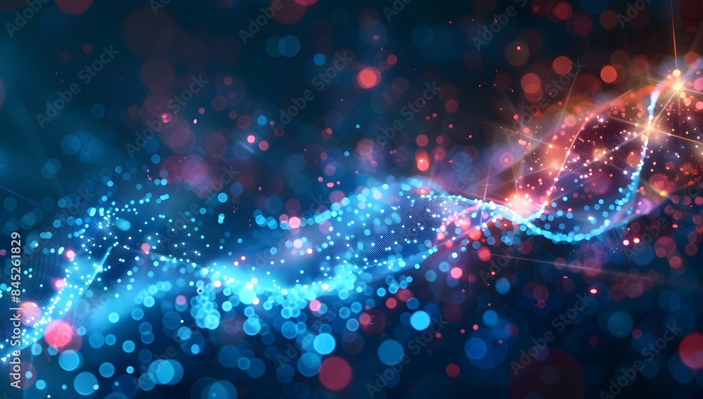 Poster abstract digital background with blue glowing network lines and bokeh lights on dark backdrop, ai te