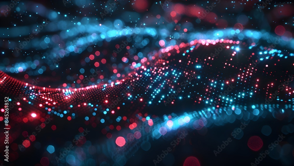 Poster abstract digital background with blue glowing network lines and bokeh lights on dark backdrop, ai te