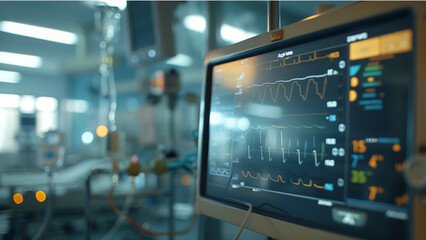 Fototapeta premium heart streamline monitor on an EKG machine in a modern hospital room