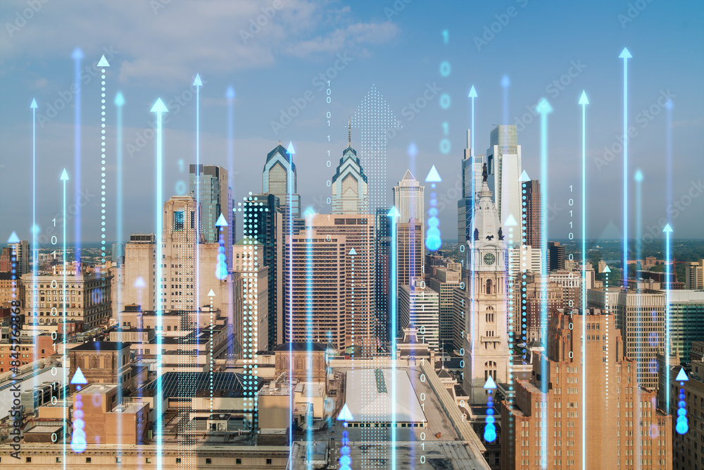 Poster a cityscape with futuristic digital overlay of arrows and binary code, concept of technology and gro