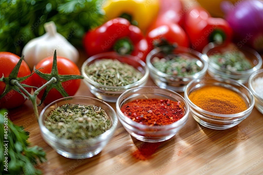 Poster a close-up shot of a table displaying an assortment of spices and fresh vegetables, including tomato
