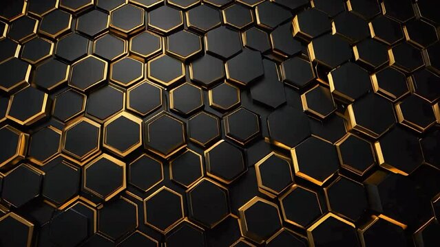 Luxury hexagonal abstract black metal background with golden light lines. Dark 3d geometric texture illustration. Bright grid pattern. Pure black horizontal banner wallpaper.