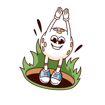 recommend clip art: Groovy golf ball cartoon character jumping into round hole. Funny retro falling ball of golfer with funky smile, golf club and tournament mascot, cartoon sticker of 70s 80s style vector illustration
