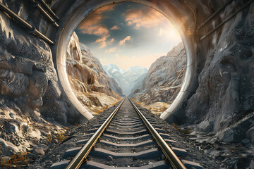 Naklejka premium A tunnel cuts through the mountains, with a new road or railway tracks illustrating the combination of natural beauty and human engineering, symbolizing exploration and communication