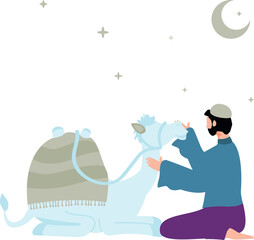 A boy is taking care of a camel.