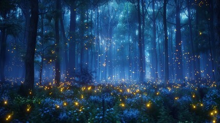 Obraz premium Enchanted Forest at Twilight, Neon-Outlined Trees with Glowing Fireflies Creating a Magical Ambiance