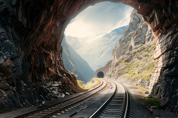 A tunnel cuts through the mountains, with a new road or railway tracks illustrating the combination of natural beauty and human engineering, symbolizing exploration and communication