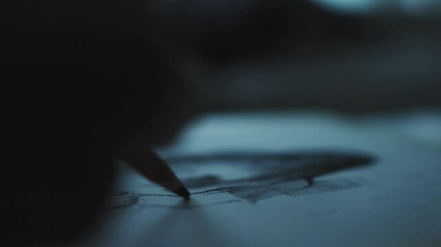 Macro closeup of fine graphite pencil line edges being added to abstract drawing