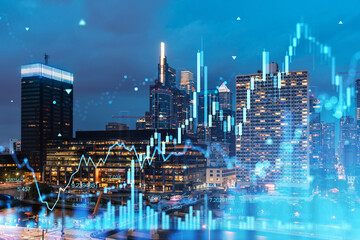 Philadelphia skyline with holographic stock market charts overlay, nighttime cityscape. Double exposure