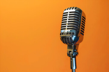 banner with retro microphone on a red background with copy space