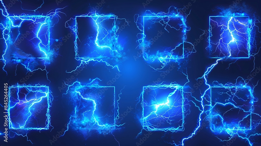 Poster lightning frames, blue electric borders of rectangular and square shapes with thunder bolt effect. i