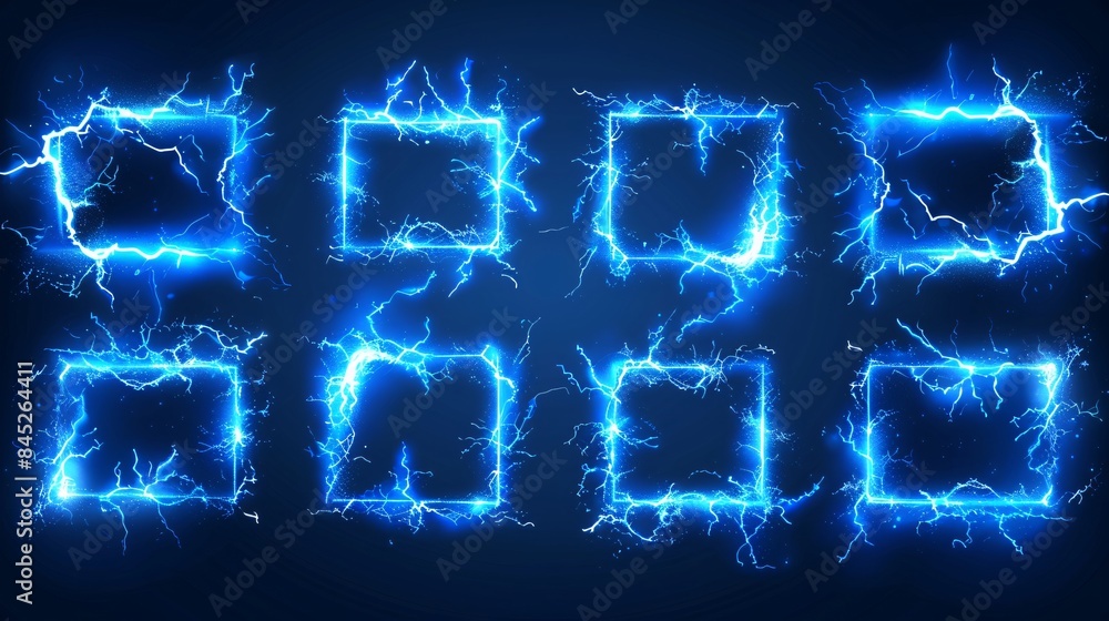 Poster lightning frames, blue electric borders of rectangular and square shapes with thunder bolt effect. i