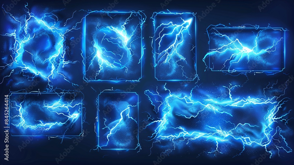 Poster lightning frames, blue electric borders of rectangular and square shapes with thunder bolt effect. i