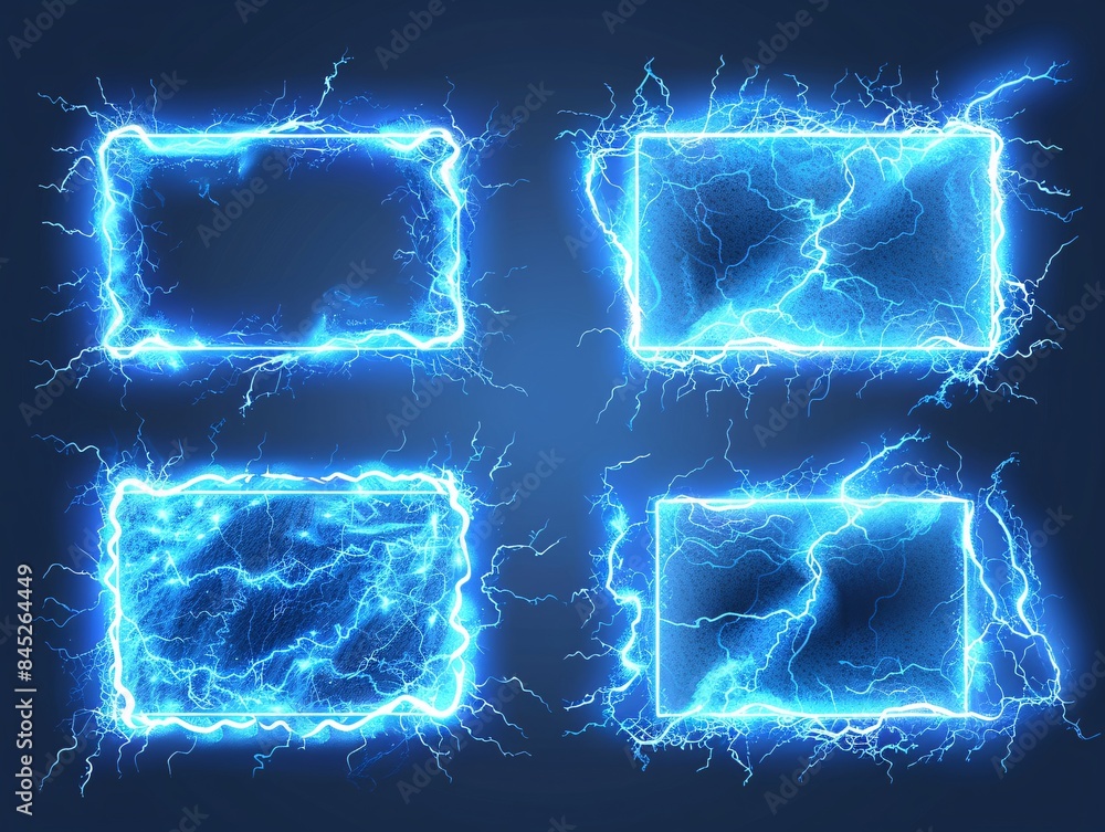 Poster lightning frames, blue electric borders of rectangular and square shapes with thunder bolt effect. i