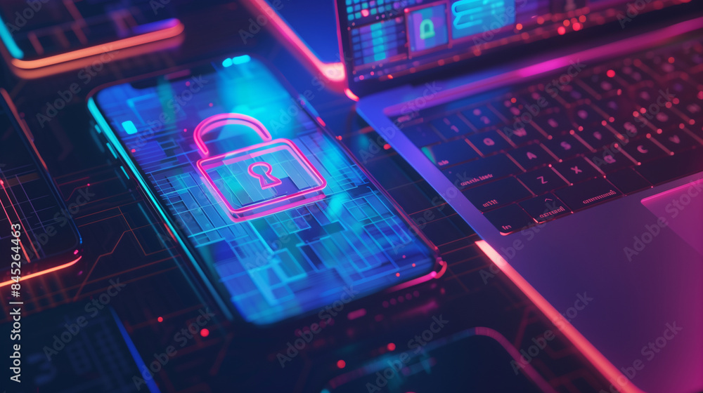 Aufkleber cyber security concept with digital padlock display on smartphone screen, digital data protection so