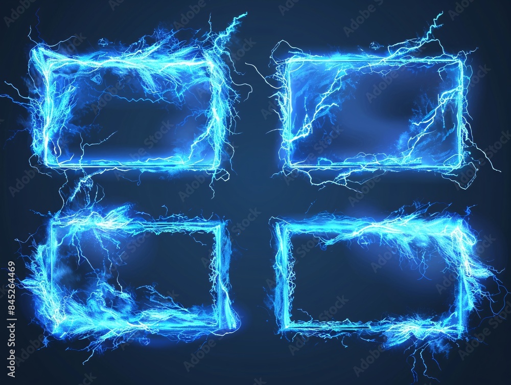 Poster lightning frames, blue electric borders of rectangular and square shapes with thunder bolt effect. i