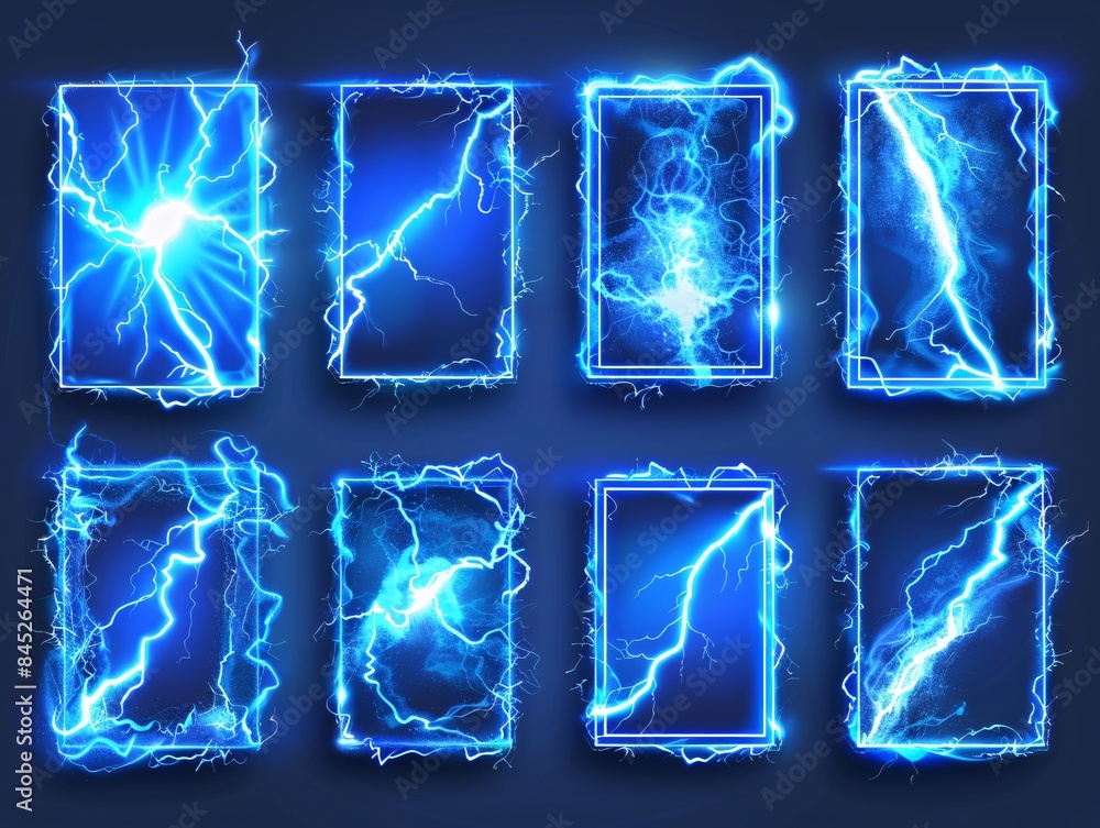 Poster lightning frames, blue electric borders of rectangular and square shapes with thunder bolt effect. i