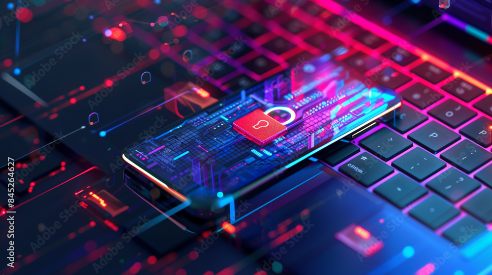 Poster cyber security concept with digital padlock display on smartphone screen, digital data protection so
