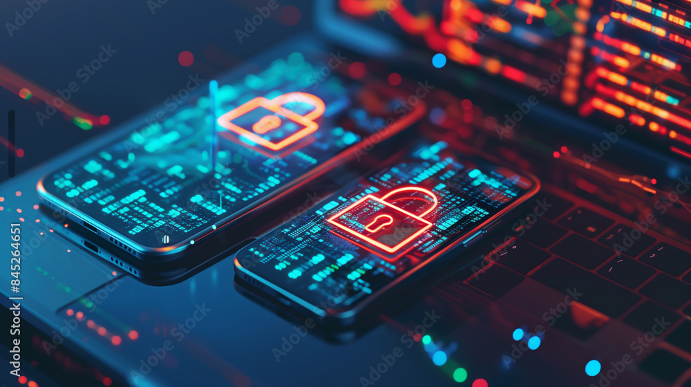 Poster cyber security concept with digital padlock display on smartphone screen, digital data protection so