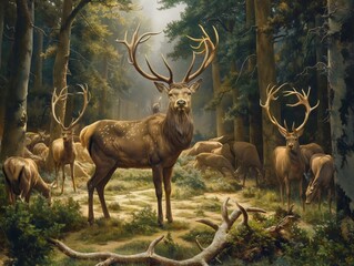 A regal stag with impressive antlers stands in a sunlit forest, surrounded by a herd of deer.