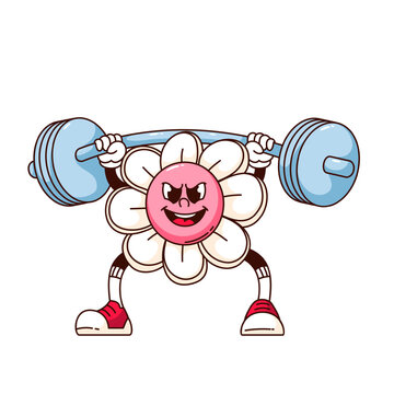 Naklejki Groovy flower cartoon character lifting barbell. Funny retro strong chamomile athlete with weight, fitness training mascot, cartoon daisy with barbell sticker of 70s 80s style vector illustration