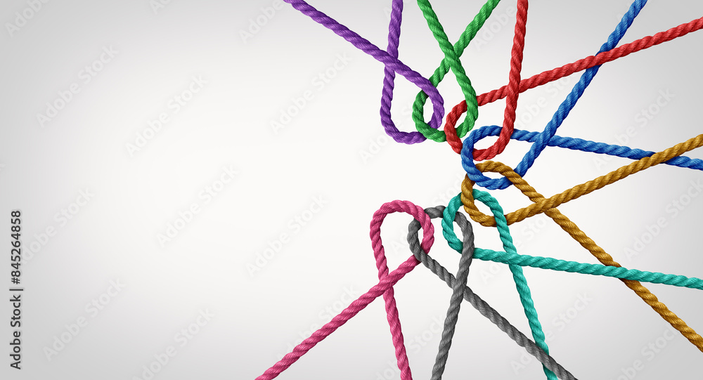 Aufkleber Concept Of Teamwork And Unity as a business metaphor for joining an inclusive partnership as twisted diverse ropes connected together as a corporate symbol for cooperation and working collaboration.