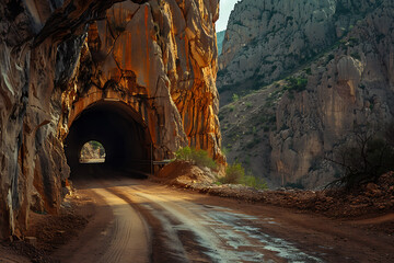 Obraz premium A tunnel cuts through the mountains, with a new road or railway tracks illustrating the combination of natural beauty and human engineering, symbolizing exploration and communication