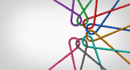 Concept Of Teamwork And Unity as a business metaphor for joining an inclusive partnership as twisted diverse ropes connected together as a corporate symbol for cooperation and working collaboration.