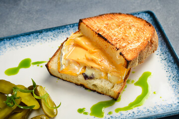 Homemade sandwich with cheese and pickled cucumber. Close up.